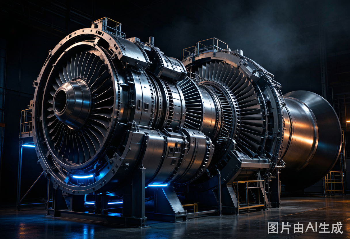 Industrial gas turbine cutaway showing compressor, combustor, and turbine stages