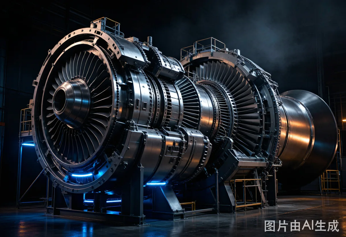 Industrial gas turbine cutaway showing compressor, combustor, and turbine stages