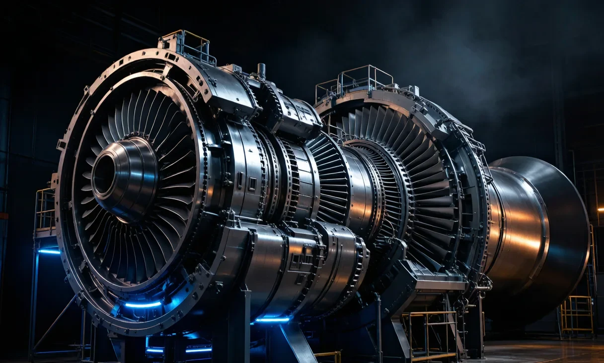 Industrial gas turbine cutaway showing compressor, combustor, and turbine stages