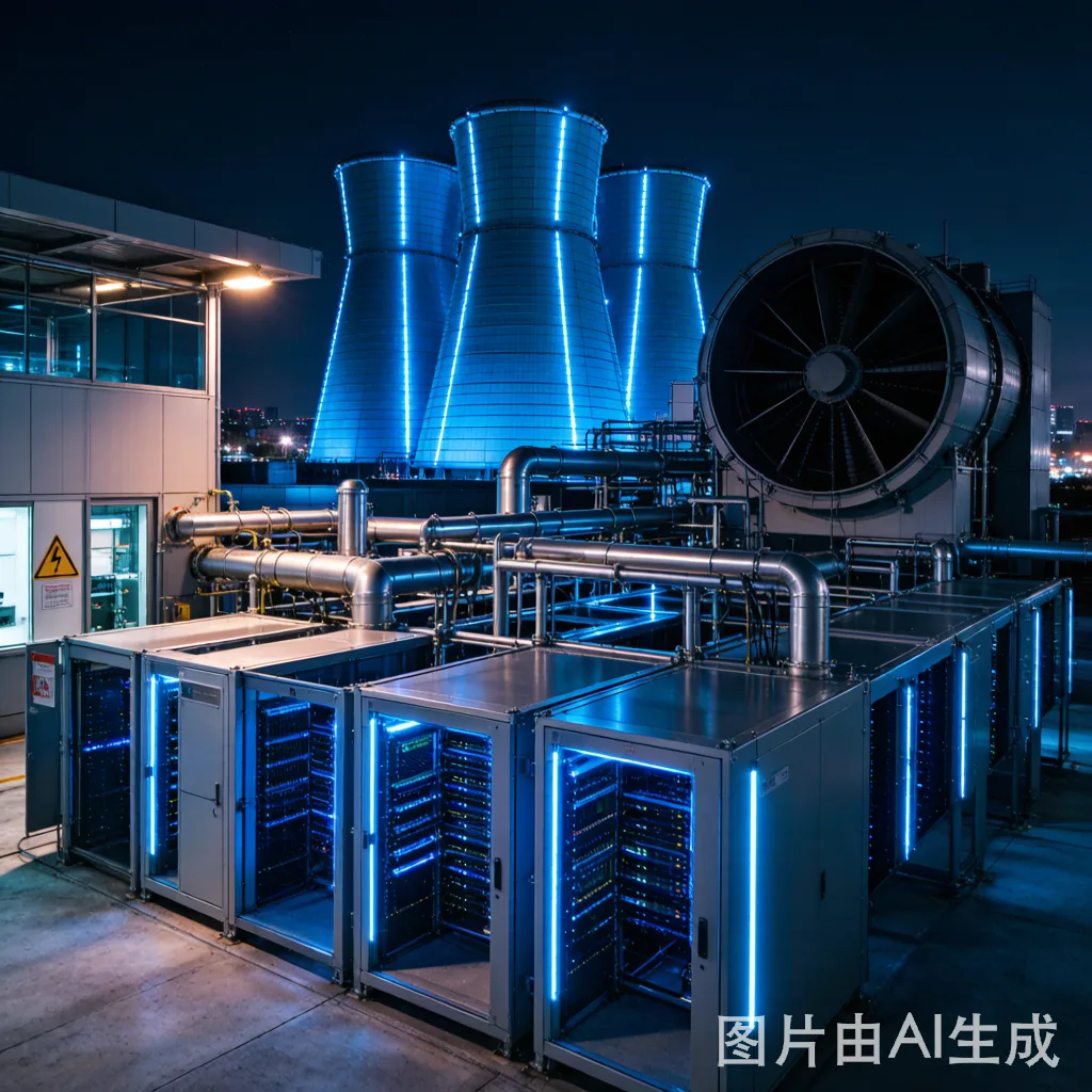 AI data center facility with server racks and cooling infrastructure