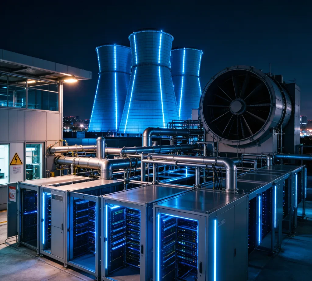 AI data center facility with server racks and cooling infrastructure