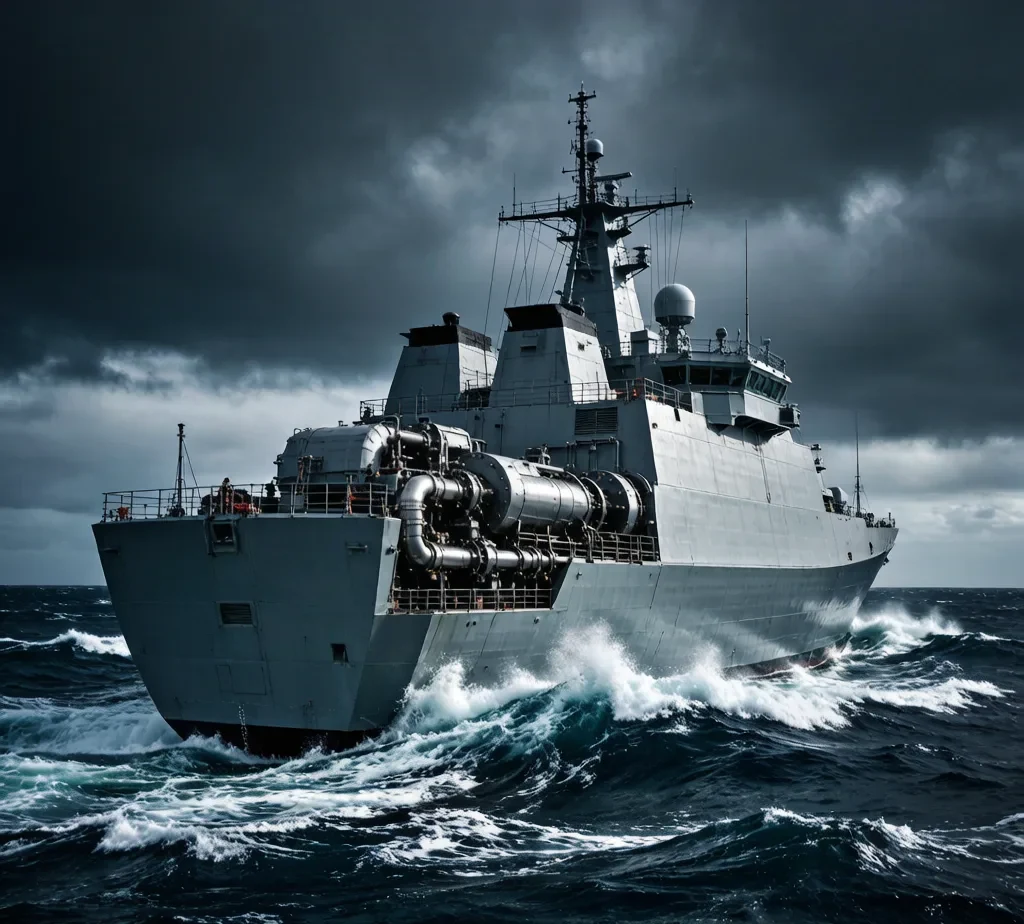 Naval vessel with gas turbine propulsion system at sea