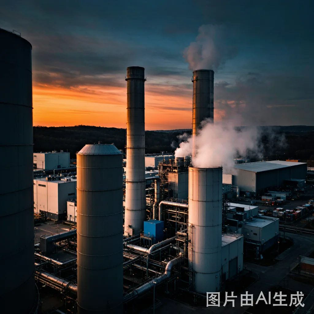Gas turbine power plant at dusk with exhaust stacks