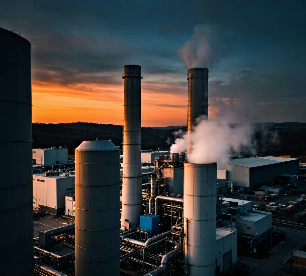 Gas turbine power plant at dusk with exhaust stacks